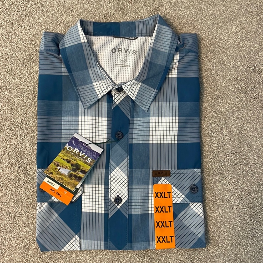 Orvis Short Sleeve Tech Shirt - XXLT - 2XLT - Blue Plaid - NWOT
